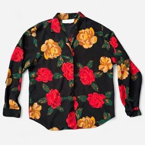 Vintage Sandy Baldanza for Marisa Christina black rose print button up blouse